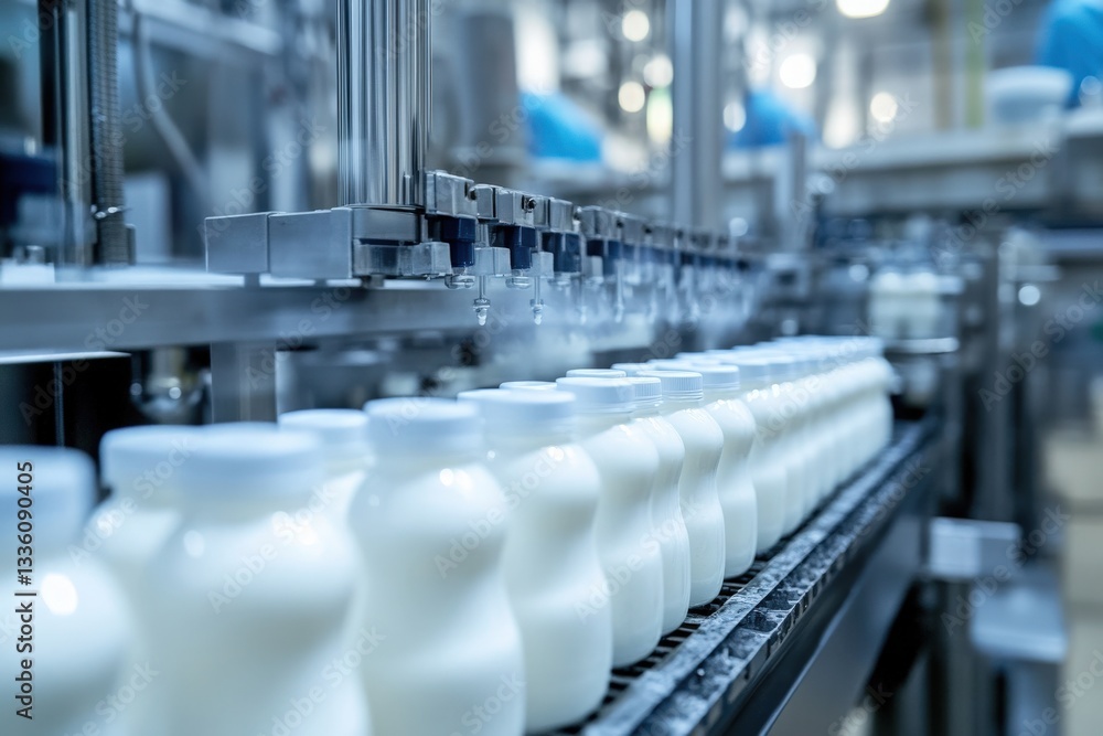 Obraz premium Streamlined dairy production process, automatically filling premium yogurt and milk into high-quality plastic bottles at a modern processing plant