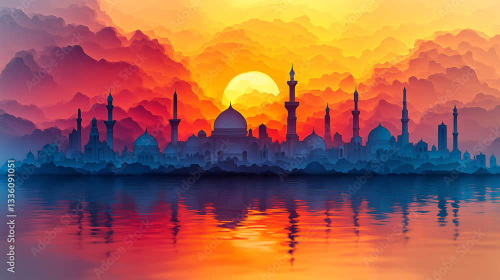 Obraz premium Islamic Mosque Silhouette Panorama at Sunset with Golden Sky Reflection for Eid Mubarak Celebration