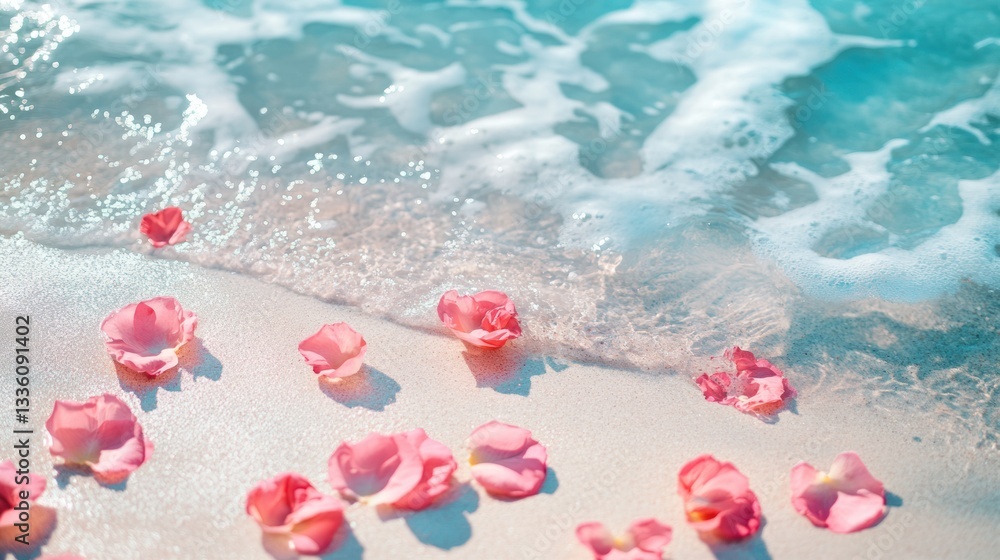 Pink rose petals scattered on a sandy beach with ocean waves Pink rose petals scattered on a sandy beach with ocean waves
