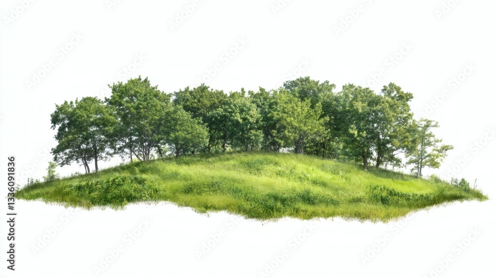 Obraz premium Cutout rock surrounded by fir trees. Garden design isolated on white background. Decorative shrub for landscaping. High quality clipping mask for professional composition. Hill grass in the forest.
