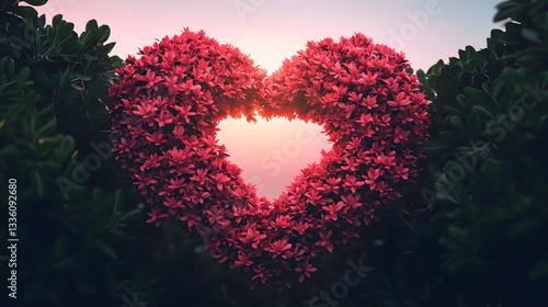 Heart-Shaped Blooming Flowers Framed by Greenery at Sunset for Romantic and Nature-Themed Designs