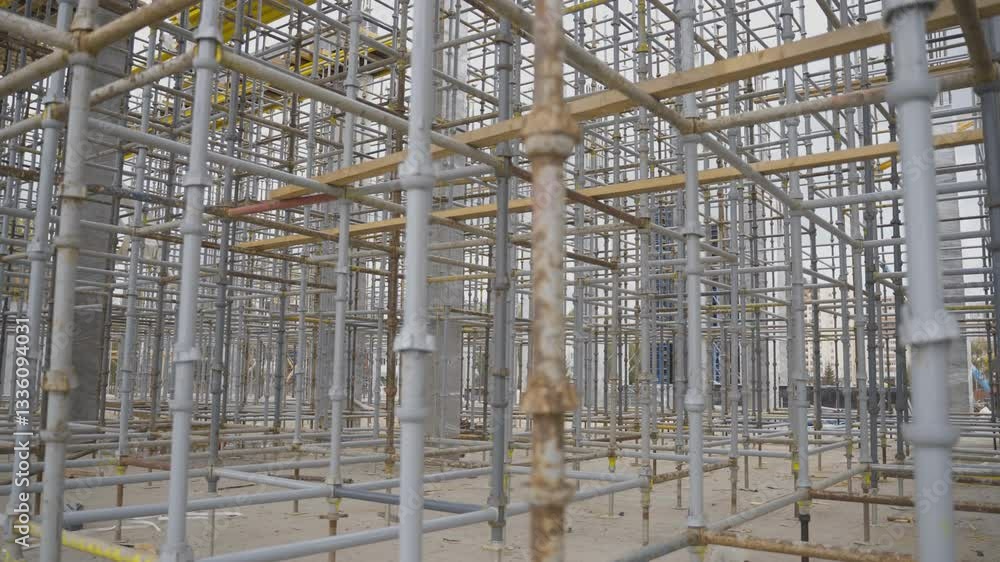 Site contains dense network of metal scaffolding with wooden supports. Red and white caution tape attached to pole marking restricted area Site contains dense network of metal scaffolding with wooden supports. Red and white caution tape attached to pole marking restricted area