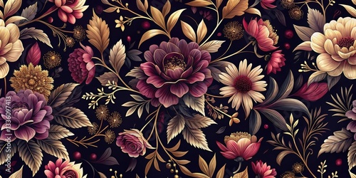 Opulent Autumnal Blooms A Luxurious Tapestry of Deep Hues and Gilded Accents, Featuring a Rich Array of  Floral Designs in a Seamless Pattern