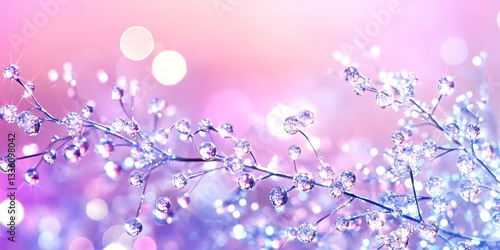 A close up of branches with small crystal balls against a pink and purple bokeh background