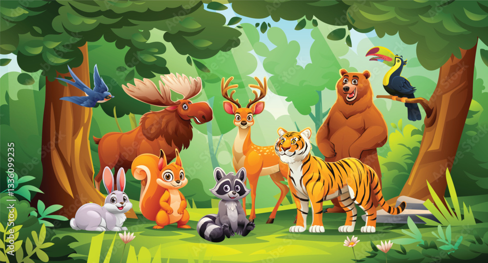 Naklejka premium Cheerful jungle with various animals like tiger, bear, deer, rabbit, and raccoon. Vector cartoon illustration