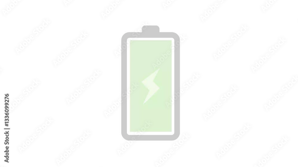 Animated icon charge battery. Battery charge with flash sign. Energy ion lithium battery isolated on transparent background.
