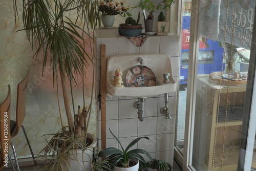 Vintage indoor sink corner with houseplants and natural light