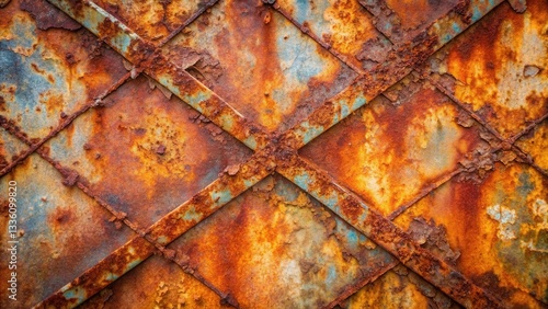 Intricate Pattern of Oxidized Metal with Crosshatched Framework Showing Extensive Corrosion and Flaking Paint