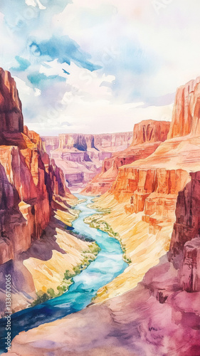 Illustration painted boho style presents tranquil desert river view