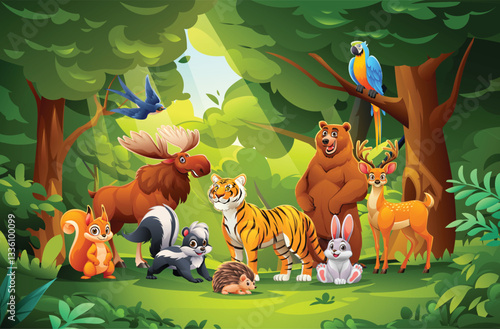 Cheerful jungle with various animals like tiger, bear, deer, rabbit, and raccoon. Vector cartoon illustration