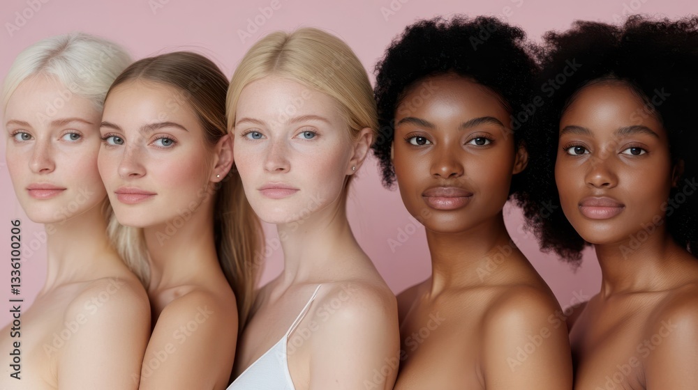 Fototapeta premium Five women, each with unique features, stand close against a pink backdrop, celebrating diversity and natural beauty.
