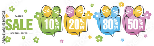 Spring Easter Sale special offer 10 20 30 50  10% 20% 30% 50% percent off colorful flower and Easter eggs negative space discount numbers stickers white background