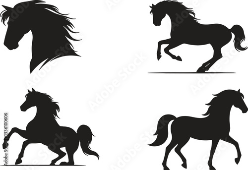 Horse Silhouettes in Dynamic Poses Highlighting Grace and Movement, set of horse silhouettes, Dynamic Horse Silhouette Vector Set Showcasing Majestic Poses