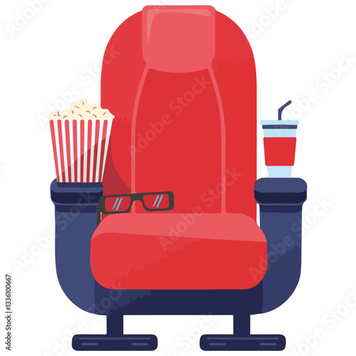 Cinema Armchair with 3D Glasses Soda and Popcorn Vector Design