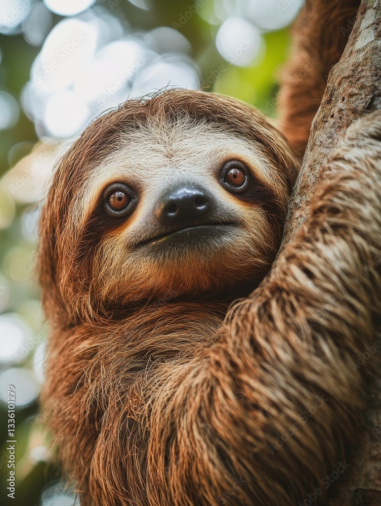 Fototapeta premium Enchanting Sloth Portrait: A Glimpse into the Slow-Paced World of Tropical Wildlife, Hanging on a Tree Branch in its Natural Habitat
