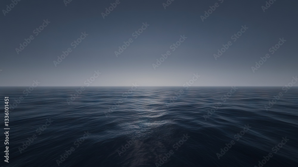 Fototapeta premium Vast Dark Blue Ocean View from Below, Faint Underwater Glow, Endless Deep Water Expanse, Capturing Sea Life Solitude, Calm and Curious Atmosphere, Ultra-Wide Cinematic Shot, Spielberg Style