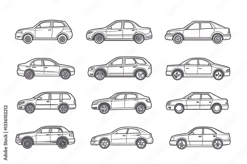 A set of minimalist car icons designed in a monochrome outline. A set of minimalist car icons designed in a monochrome outline.