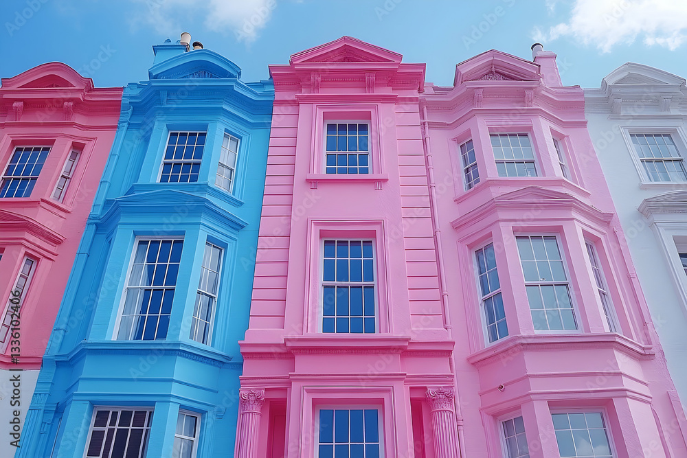 Colorful row of pastel houses in a vibrant urban setting under a clear blue sky, showcasing architectural diversity Colorful row of pastel houses in a vibrant urban setting under a clear blue sky, showcasing architectural diversity