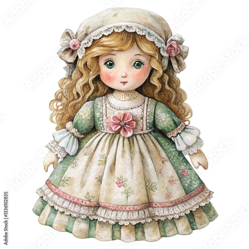 Cute girl Whimsical Boho Doll Clipart Watercolor , White background 