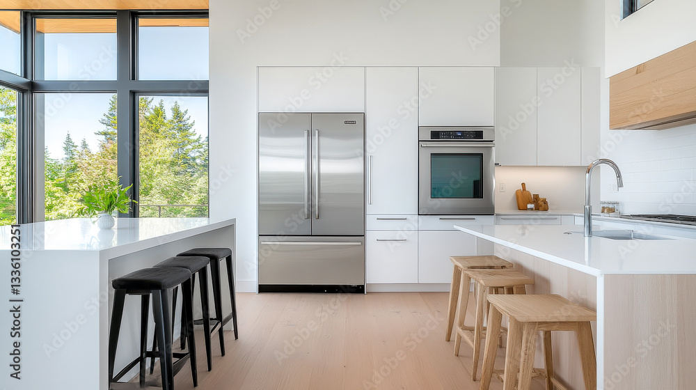 Fototapeta premium A modern kitchen featuring stainless steel appliances, a minimalist design, and large windows that offer a view of nature.