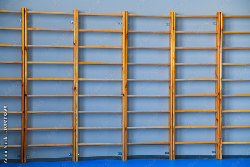 Wooden gymnastics ladder mounted in gymnasium hall Wooden gymnastics ladder mounted in gymnasium hall
