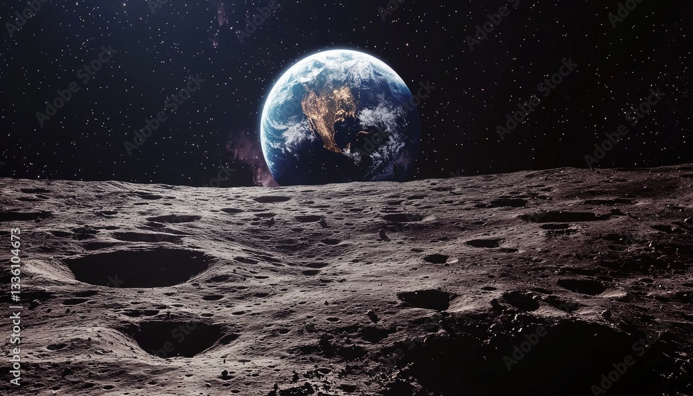 Obraz premium The Earth is viewed from the surface of a grey moon