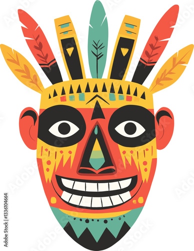 Vibrant tribal mask with feathers showcasing rich cultural artistry cartoon isolated on transparent background. Vector illustration.