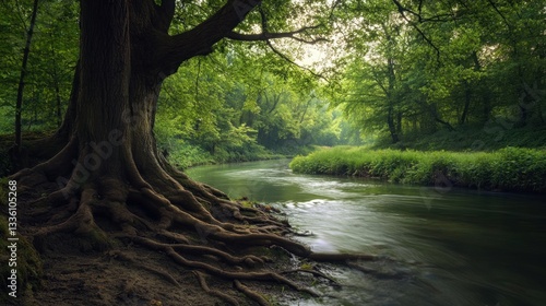 Serene river flowing beside an old tree with exposed roots in lush forest landscape