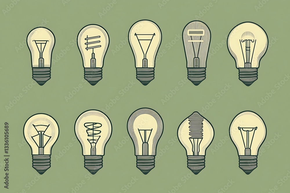 A set of finely crafted light bulb icons placed against a subtle green-toned background. A set of finely crafted light bulb icons placed against a subtle green-toned background.