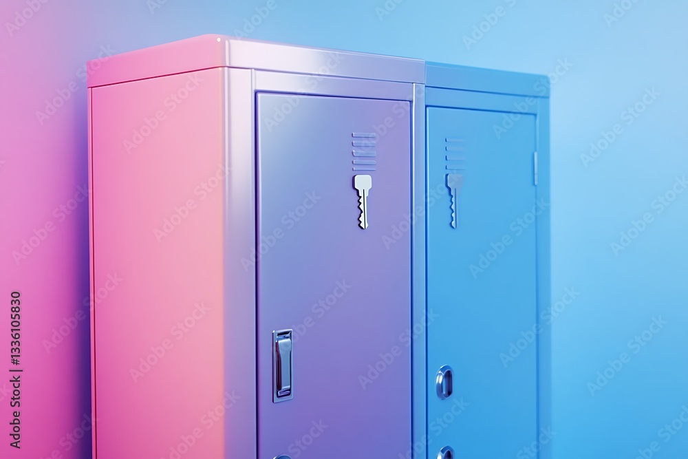 Modern colorful metal lockers with key design in vibrant pink and blue lighting, storage space Modern colorful metal lockers with key design in vibrant pink and blue lighting, storage space