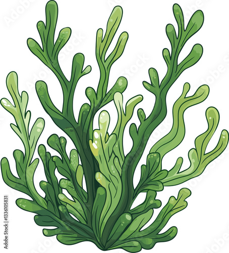Green seaweed thriving in underwater cartoon isolated on transparent background. Vector illustration.