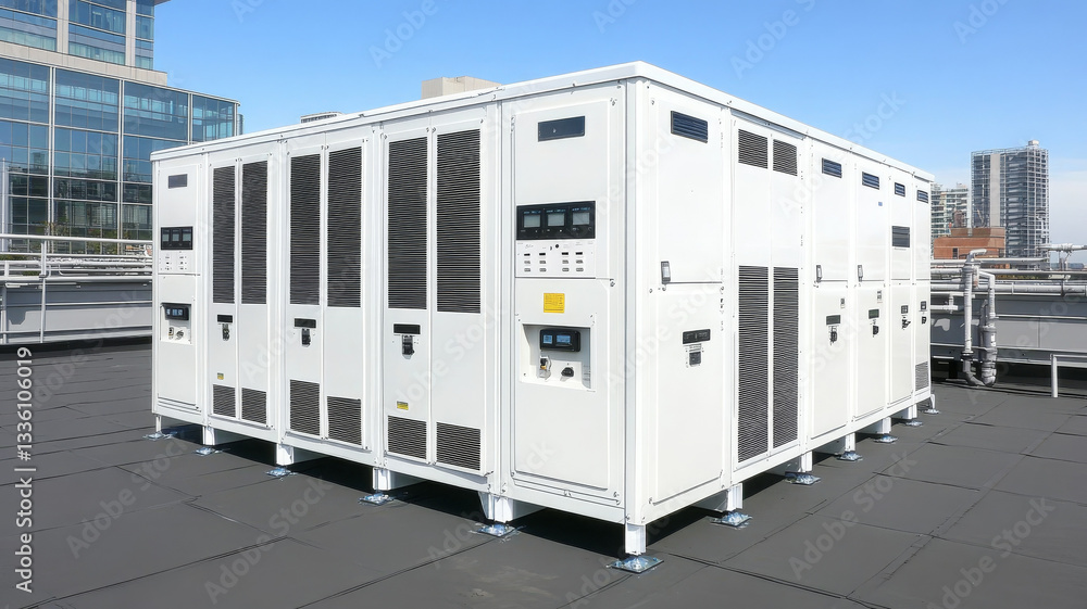 large white industrial air conditioning system sits on rooftop, showcasing its robust design and functionality in modern urban environment large white industrial air conditioning system sits on rooftop, showcasing its robust design and functionality in modern urban environment