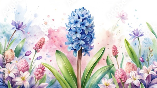 Watercolor Floral Composition Featuring a Vibrant Hyacinth and Delicate Spring Blossoms on a Softly Colored Background