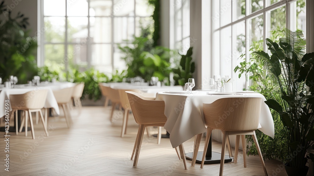 Fototapeta premium Modern restaurant interior with plants and big windows. Ideal for cafe, restaurant, and eatery stock photos