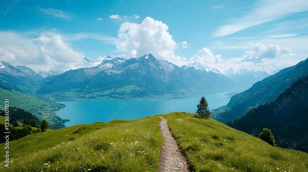 Fototapeta premium Serene Alpine Landscape with Majestic Mountains and Tranquil Lake