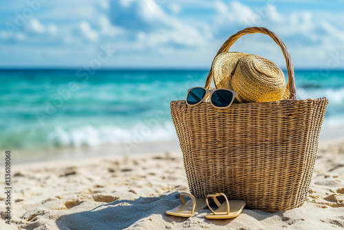 Rattan beach bag with sunglasses, flip-flops, and sun hat on the sand by the sea in summer