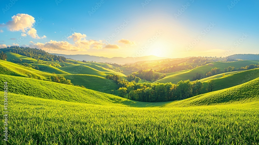 Fototapeta premium A serene landscape featuring rolling green hills under a bright sky at sunrise.