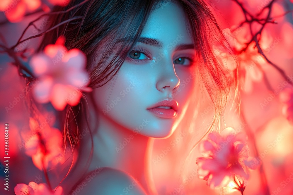 Spring mood, dark night and warm mystic light - complementary lighting. Commercial layout. Stunning middle eastern young woman surrounded by cherry blossoms. Spring mood, dark night and warm mystic light - complementary lighting. Commercial layout. Stunning middle eastern young woman surrounded by cherry blossoms.