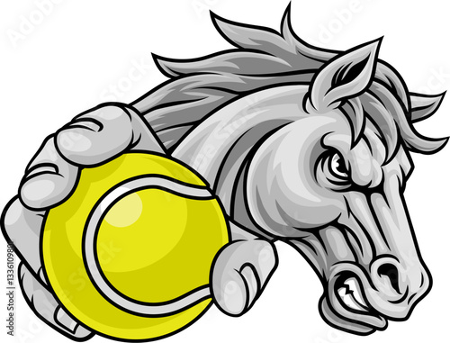 Horse mustang bronco stallion angry tennis sports team mascot holding a ball.