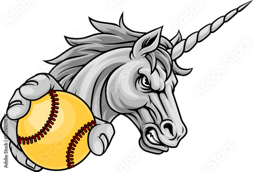 Unicorn horse mustang bronco stallion baseball softball angry sports team mascot holding a ball.