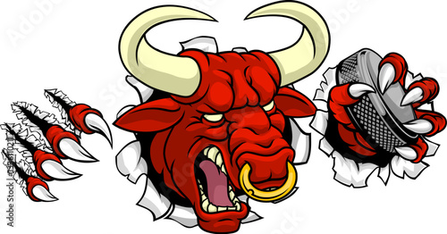 A bull or Minotaur monster longhorn cow angry mean ice hockey mascot cartoon character.