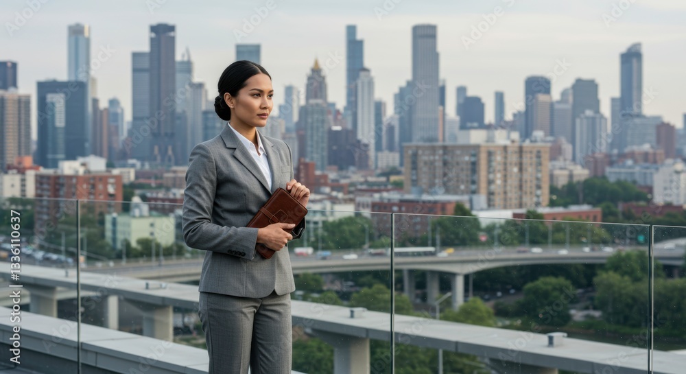Confident Asian Businesswoman on Rooftop Terrace with City Skyline View Confident Asian Businesswoman on Rooftop Terrace with City Skyline View