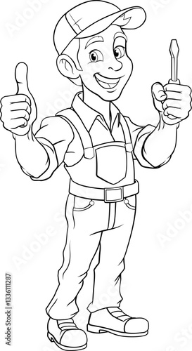 An electrician handyman or other construction cartoon mascot man holding a screwdriver tool.