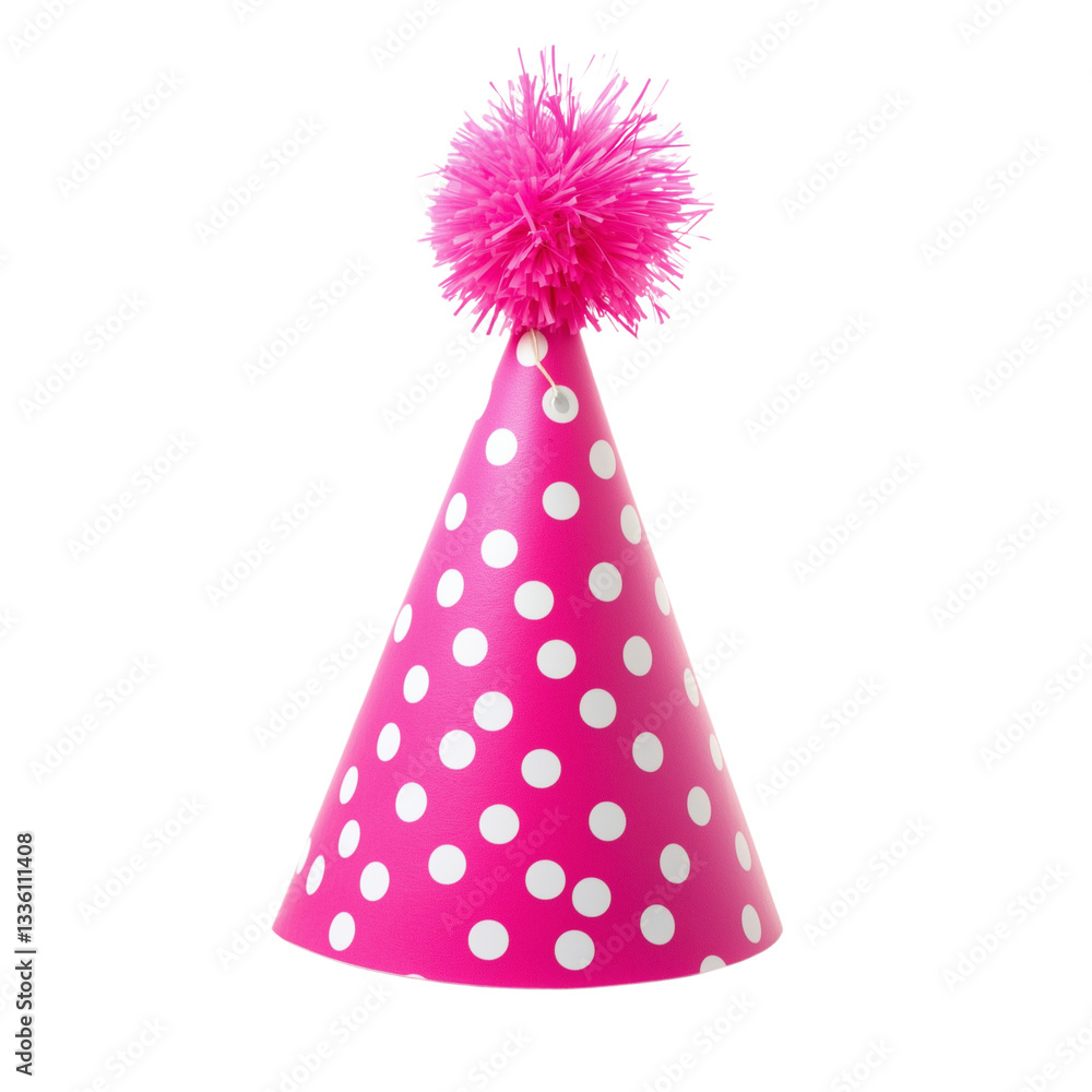 Vibrant Pink Polka-Dot Birthday Hat with a Pom-Pom on Transparent Background Vibrant Pink Polka-Dot Birthday Hat with a Pom-Pom on Transparent Background