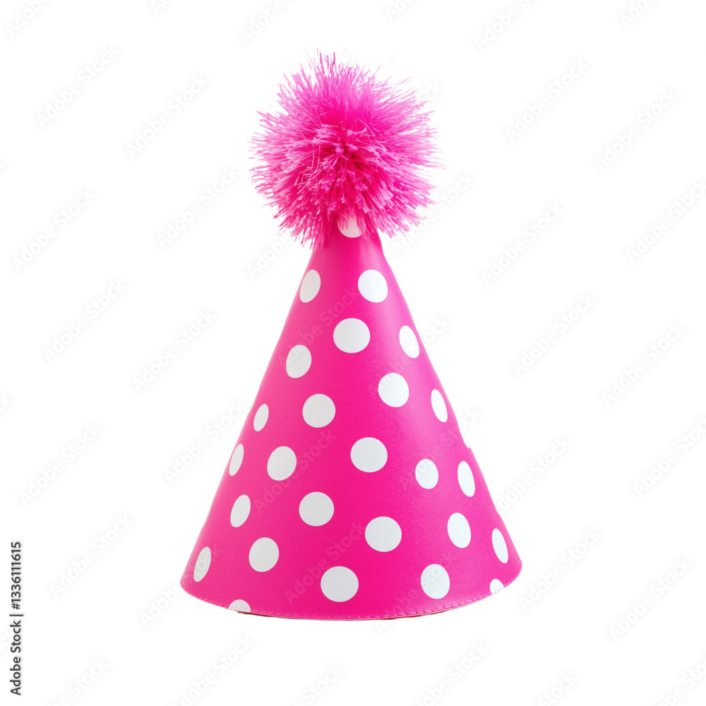Vibrant Pink Polka-Dot Birthday Hat with a Pom-Pom on Transparent Background Vibrant Pink Polka-Dot Birthday Hat with a Pom-Pom on Transparent Background