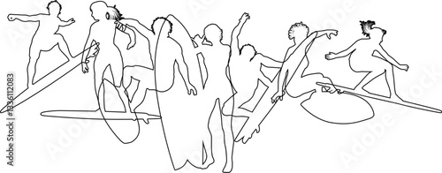 Surfer surfboard boarding male and female surfers surfing silhouette outlines. Men and women surf group design concept.