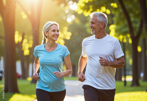 Elderly couple running and walking together in the park, exercising, taking care of health.
