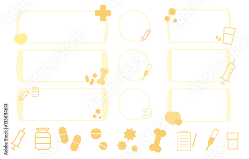 医療・健康をテーマにしたカラフルなフレームとアイコンセット黄色