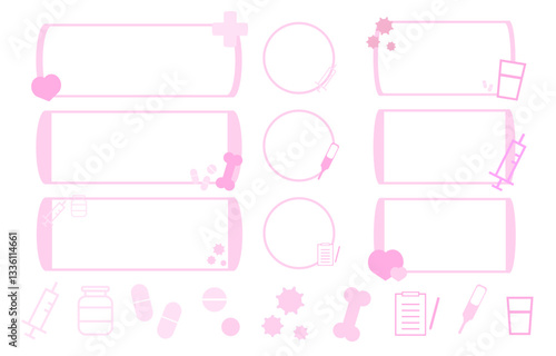 医療・健康をテーマにしたカラフルなフレームとアイコンセットピンク