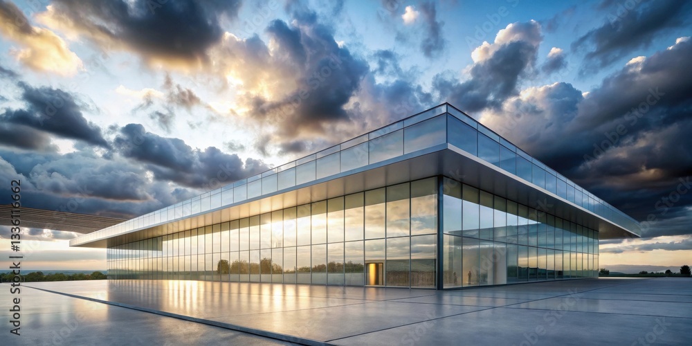 Fototapeta premium Modern Glass Pavilion Reflecting Sunset Hues Under Dramatic Cloudscape